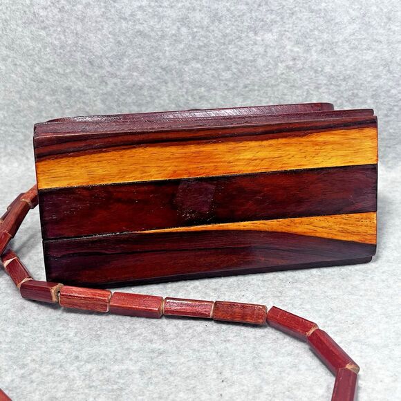 Vintage 70s Wooden Slat Shoulder Bag Small Size Two Tone Lined Snap Button Boho - Picture 13 of 15